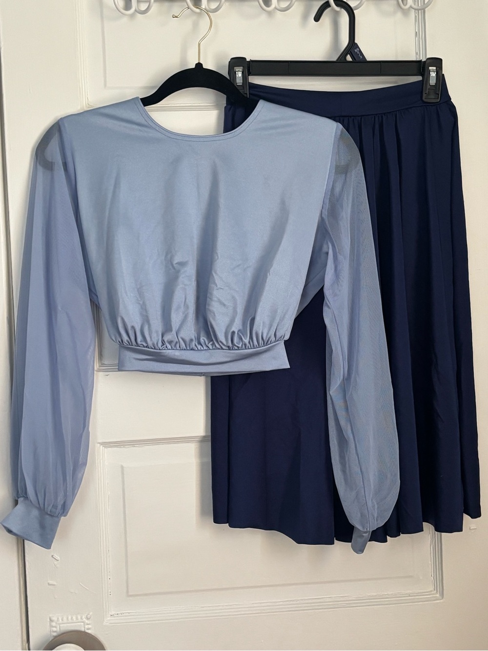 Kelle dance costume Light Blue Long-Sleeve Crop Top with navy skirt